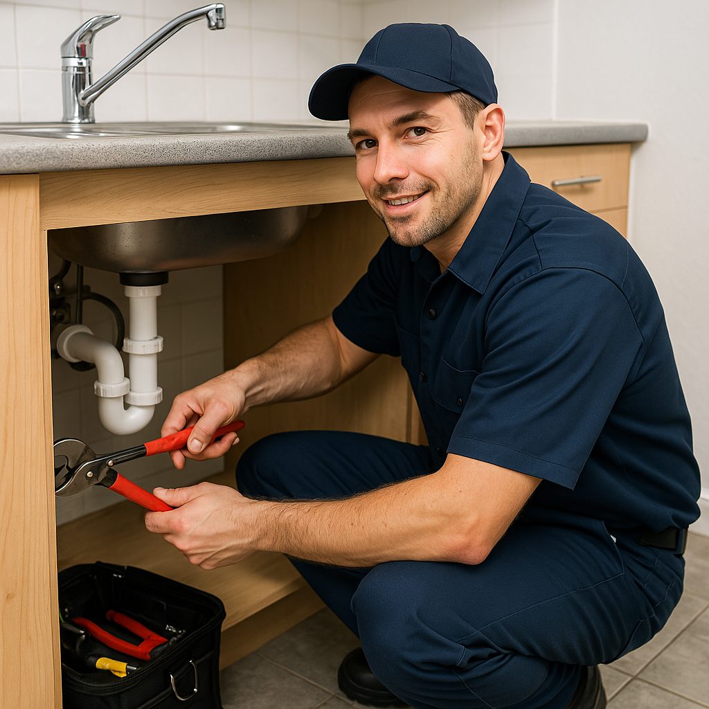 Sanitär Notdienst Fabeos - Handwerker repariert Siphon unter der Spüle mit Wasserpumpenzange