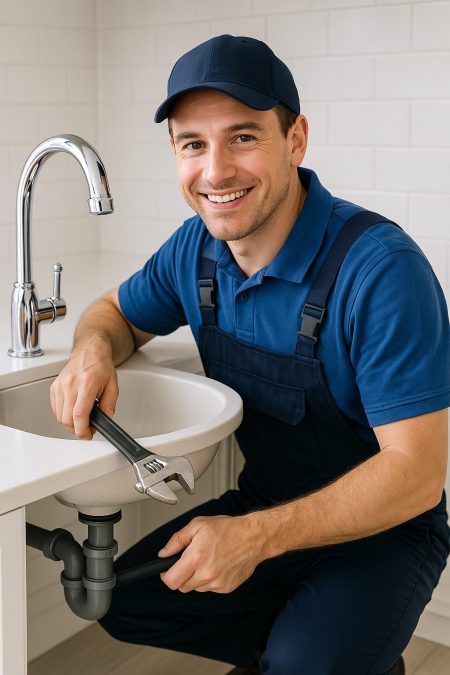 Sanitär Notdienst Fabeos - Handwerker repariert Waschbecken lächelnd