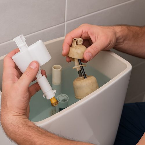Handwerker tauscht verkalkten Schwimmer aus - Toilettenspülung läuft - Sanitär Notdienst Fabeos